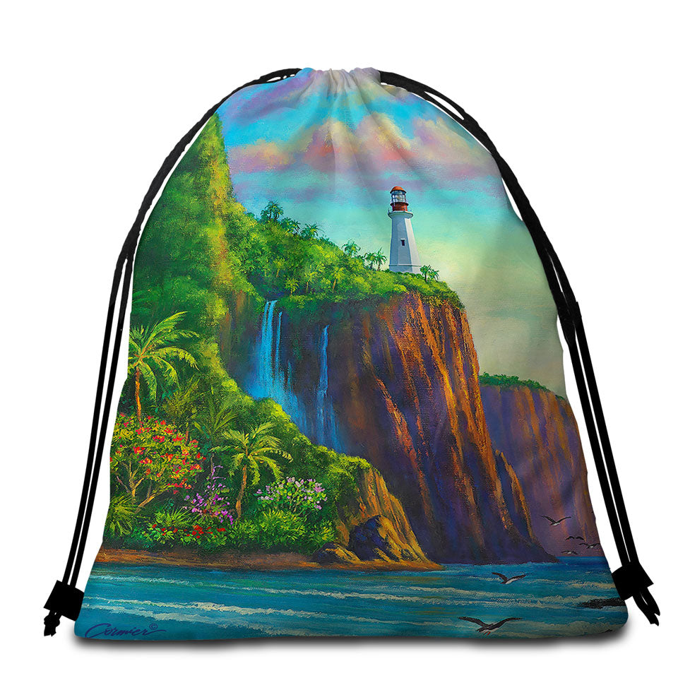 Coastal Art Painting Paradise Lighthouse Beach Bags and Towels