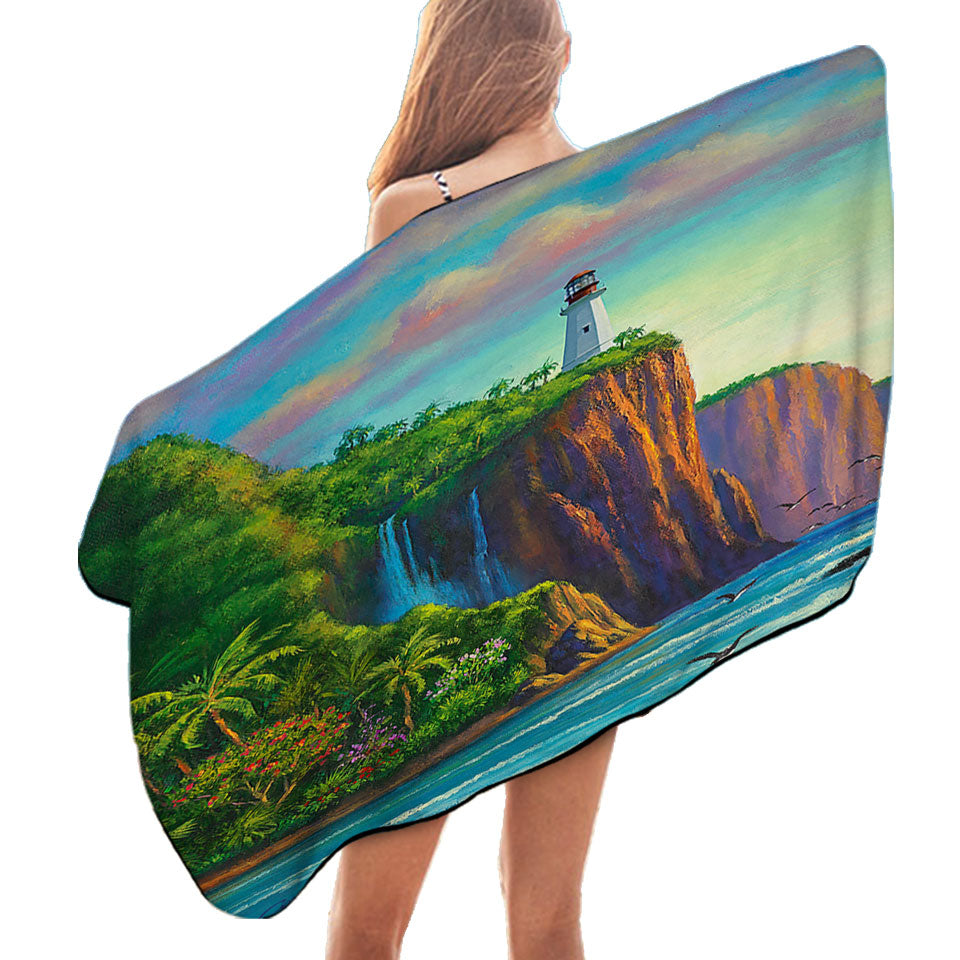 Coastal Art Painting Paradise Lighthouse Beach Towels