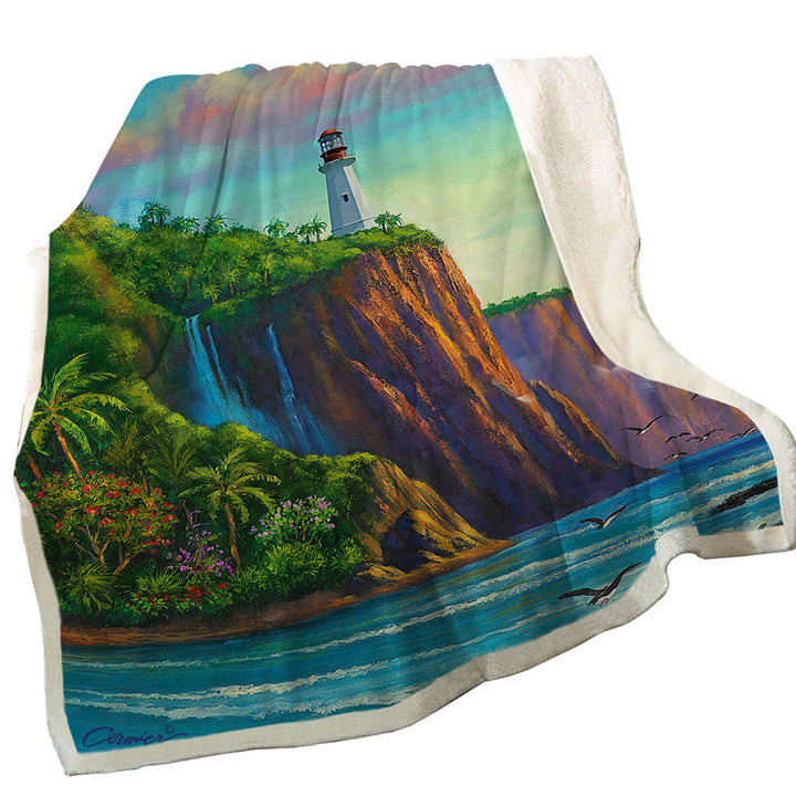 Coastal Art Painting Paradise Lighthouse Sherpa Blanket