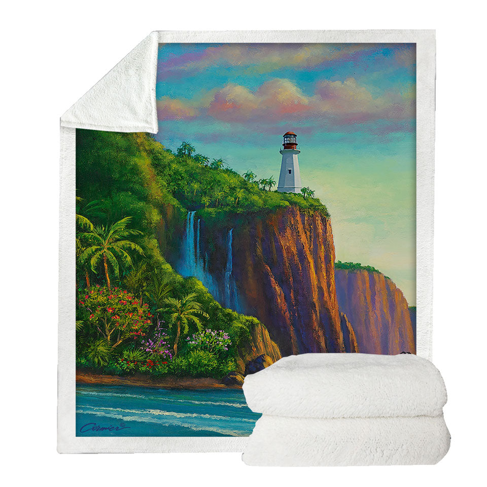 Coastal Art Painting Paradise Lighthouse Throw Blanket