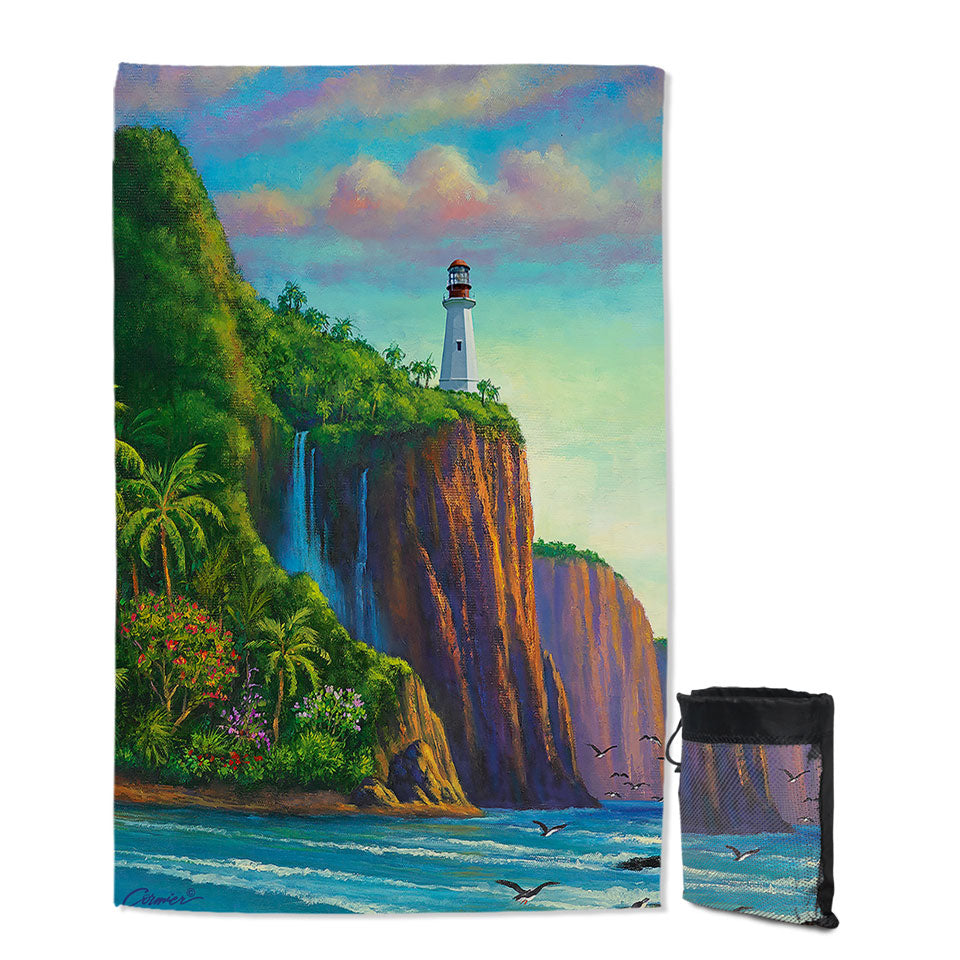 Coastal Art Painting Paradise Lighthouse Unique Beach Towels for Travel
