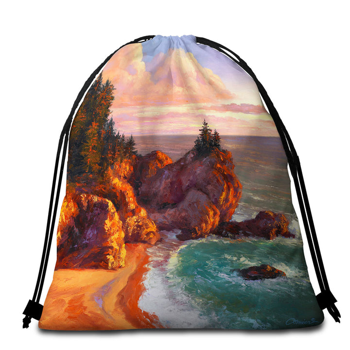 Coastal Art Painting Rocky Shores Beach Towel Bags