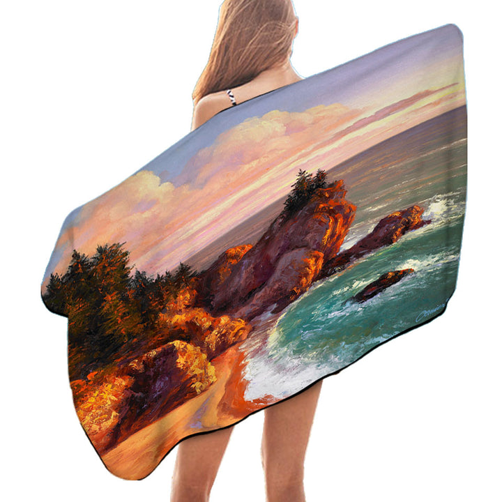 Coastal Art Painting Rocky Shores Beach Towels