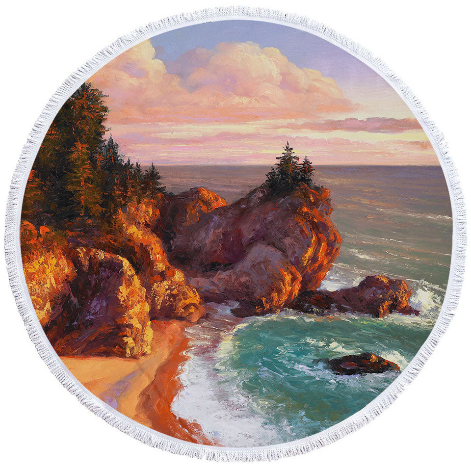 Coastal Art Painting Rocky Shores Circle Beach Towel