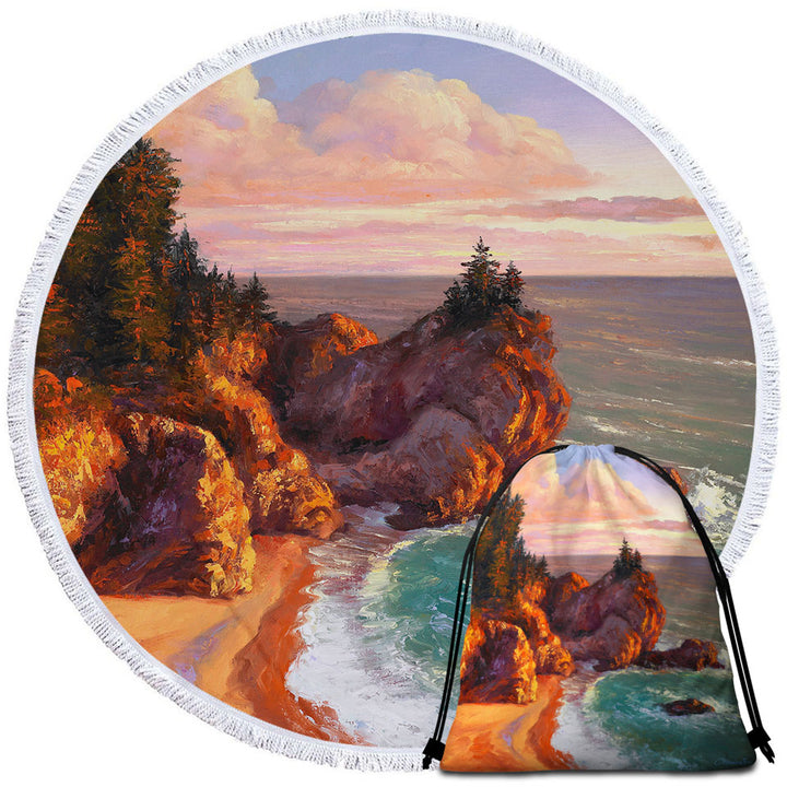 Coastal Art Painting Rocky Shores Round Beach Towel