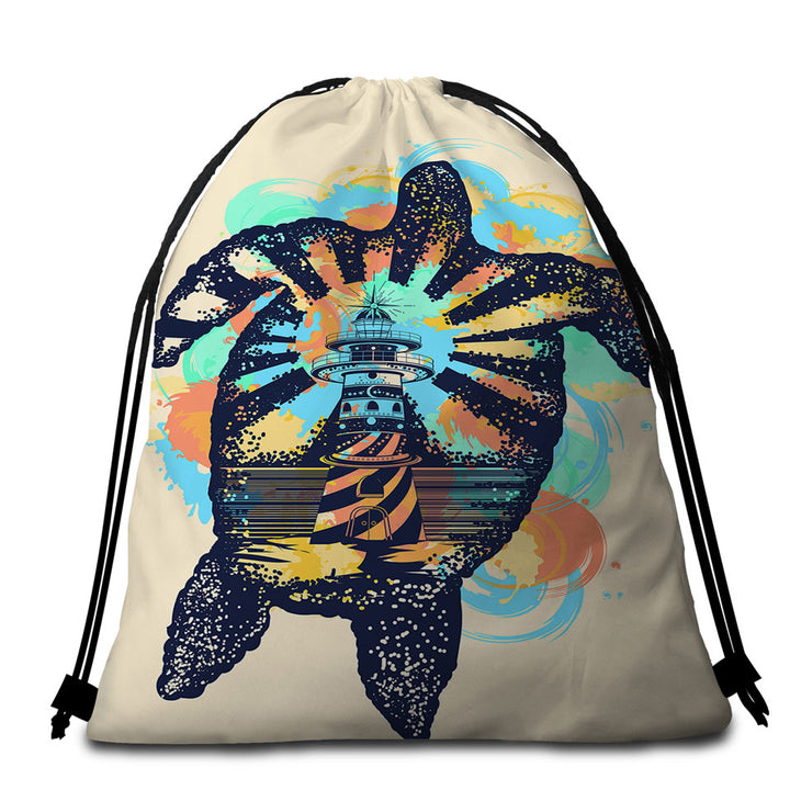 Coastal Beach Towels and Bags Set Turtle and Lighthouse