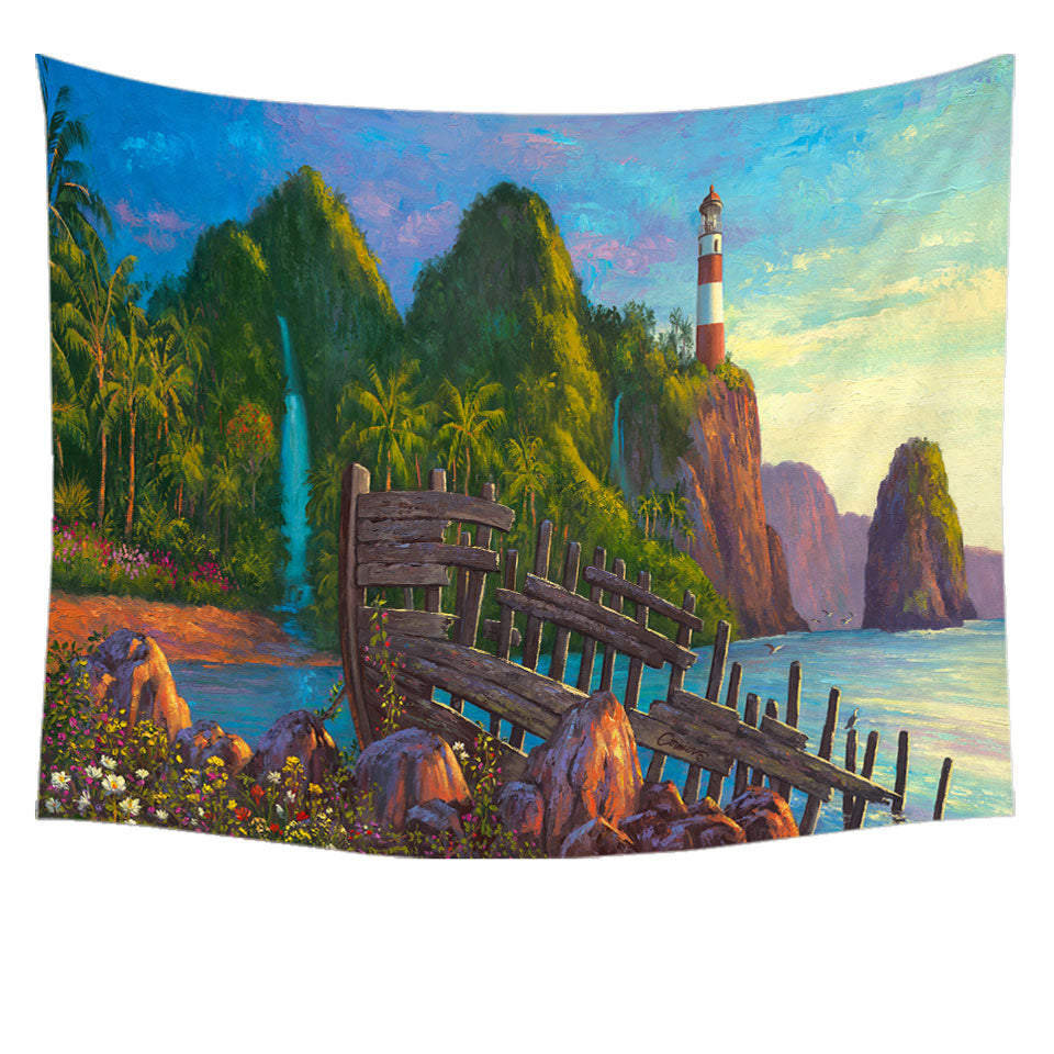 Coastal Wall Decor Art Painting Lighthouse in Paradise Cove Tapestry Pritns