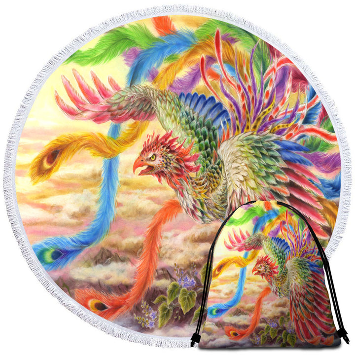 Colorful Art Houou Japanese Phoenix Round Beach Towel