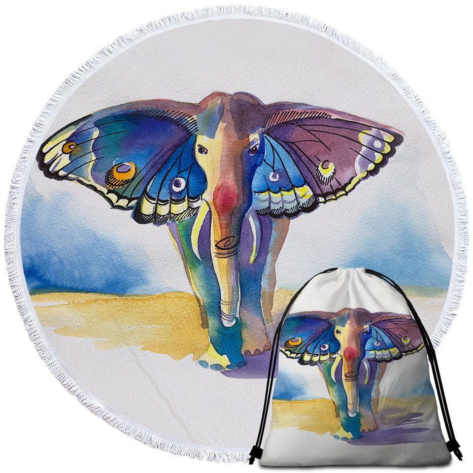 Colorful Artistic Nice Beach Towels Elephant Meet Butterfly