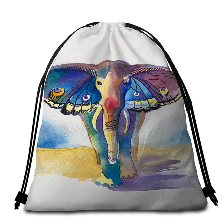 Colorful Artistic Packable Beach Towel Elephant Meet Butterfly