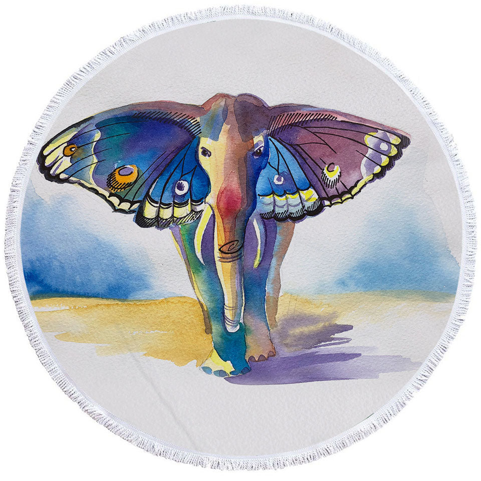 Colorful Artistic Round Towel Elephant Meet Butterfly