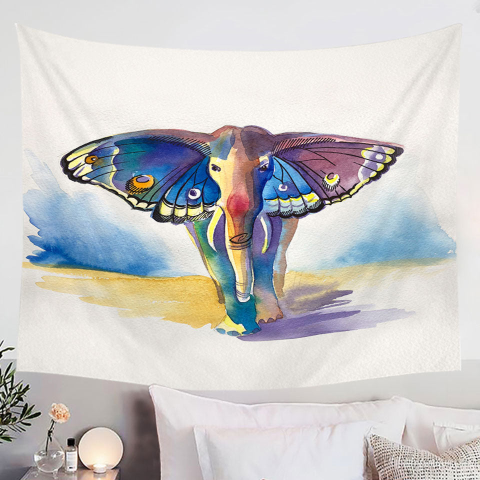 Colorful Artistic Wall Decor Tapestry with Elephant Meet Butterfly