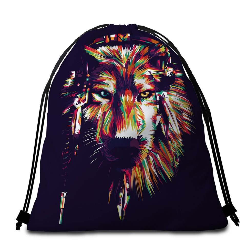 Colorful Artistic Wolf Beach Towel Bags