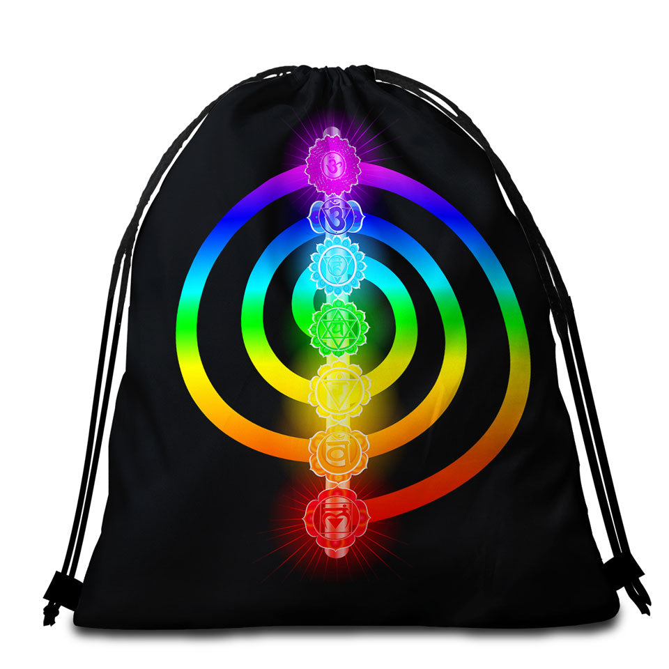 Colorful Beach Towel Bags Rainbow Spiritual Oriental Symbols