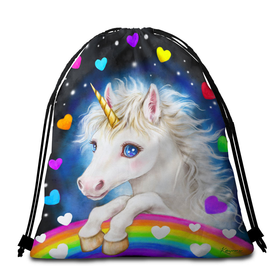 Colorful Beach Towel Bags with Lovely Unicorn Rainbow and Hearts