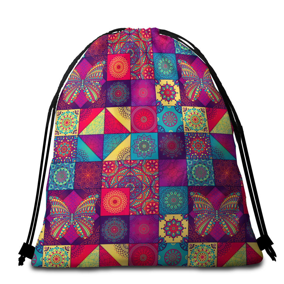 Colorful Beach Towel Bags with Oriental Moroccan Mandala Tiles