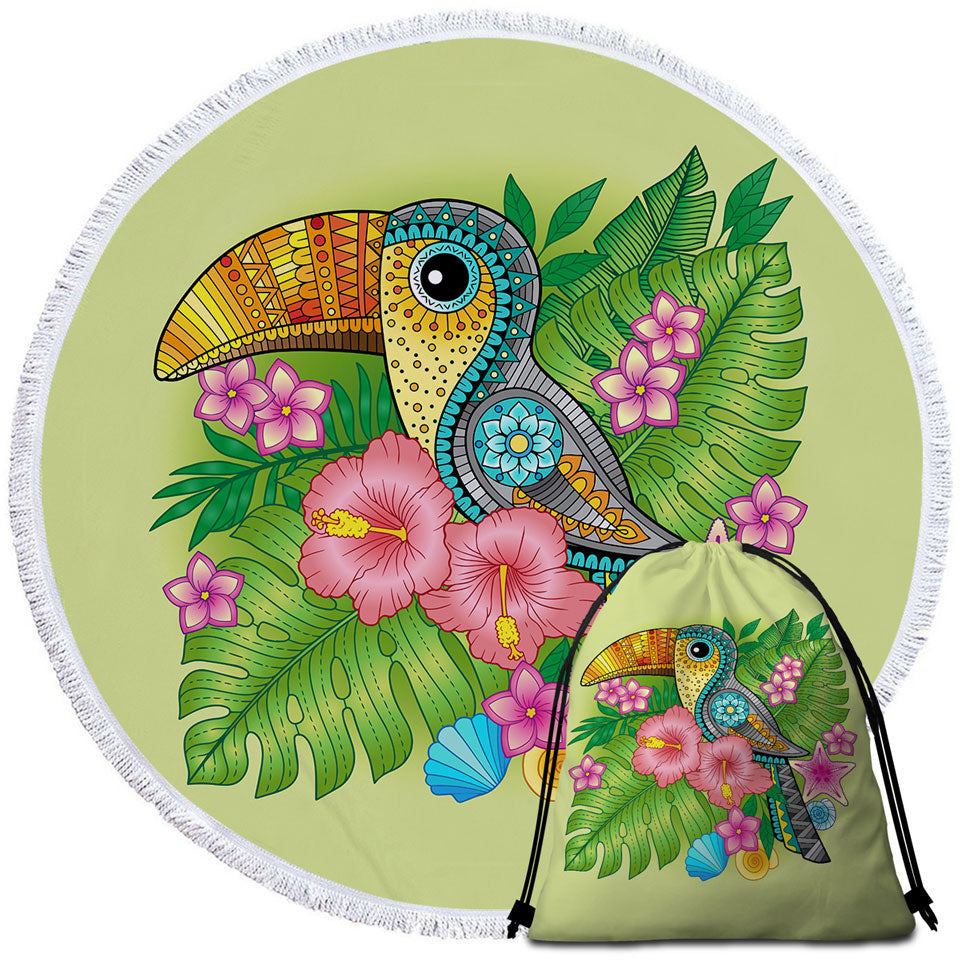 Colorful Beach Towels Tropical Flowers and Toucan