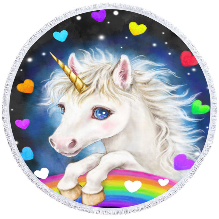 Colorful Beach Towels with Lovely Unicorn Rainbow and Hearts