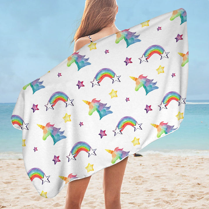 Colorful Beach Towels with Rainbows Unicorns and Stars