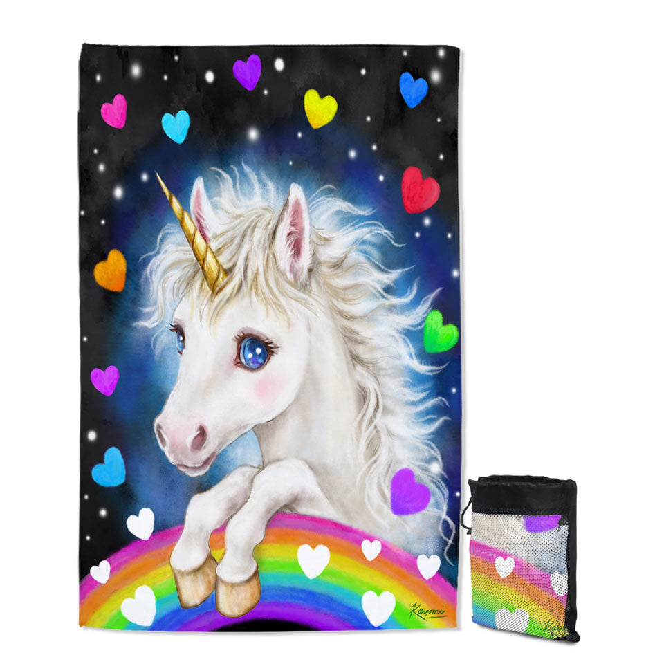 Colorful Big Beach Towels with Lovely Unicorn Rainbow and Hearts