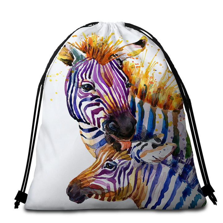 Colorful Colt and Momma Zebra Packable Beach Towel