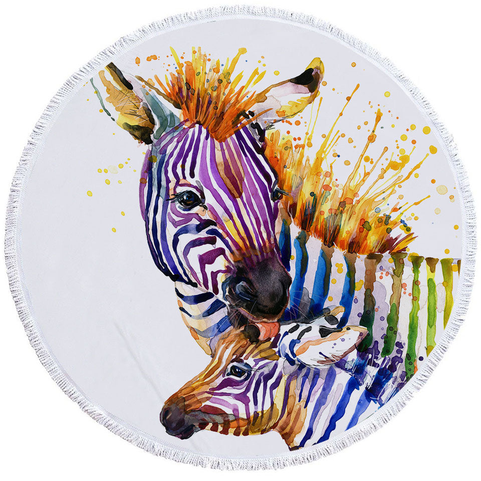 Colorful Colt and Momma Zebra Round Beach Towel