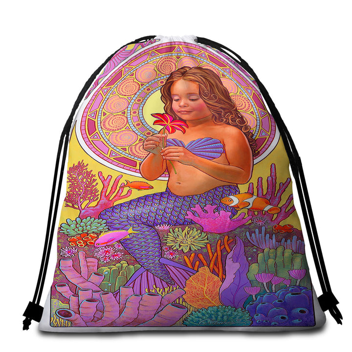 Colorful Coral and Mia the Girl Mermaid Beach Towel Bags