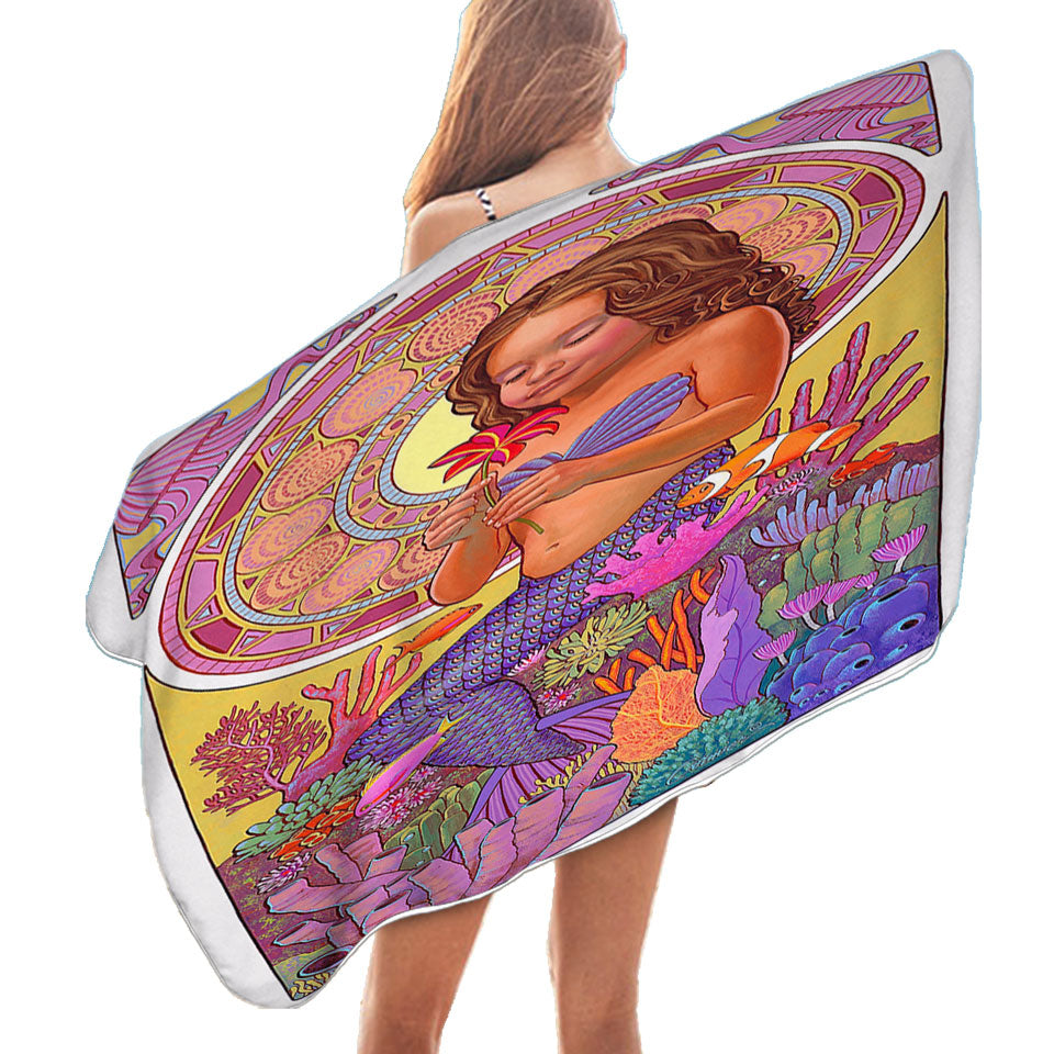 Colorful Coral and Mia the Girl Mermaid Beach Towels