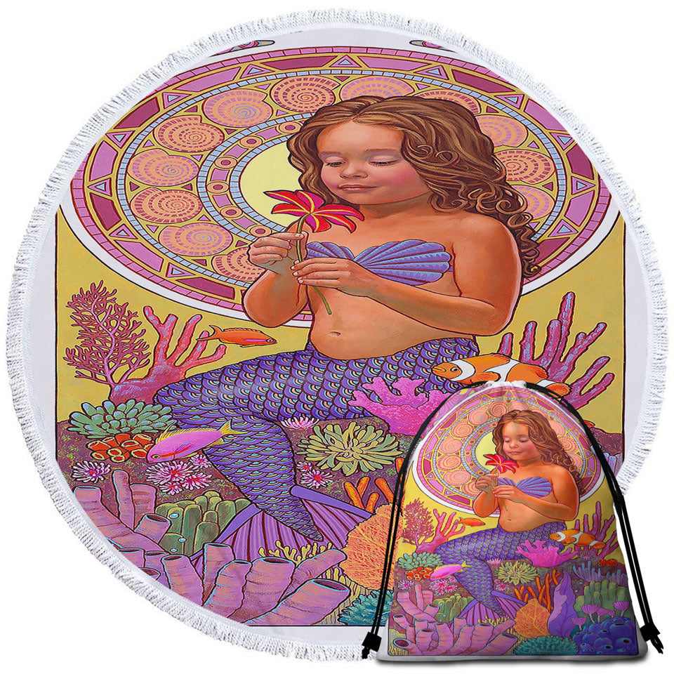 Colorful Coral and Mia the Girl Mermaid Round Beach Towel