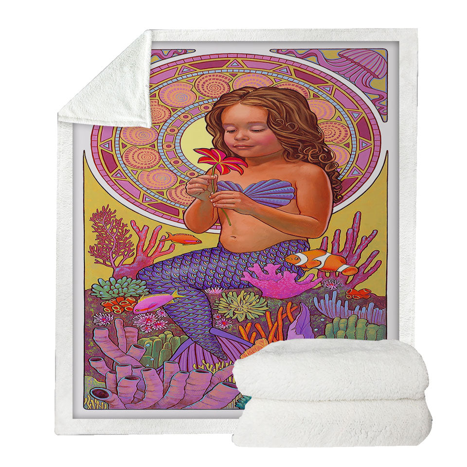 Colorful Coral and Mia the Girl Mermaid Sherpa Blanket