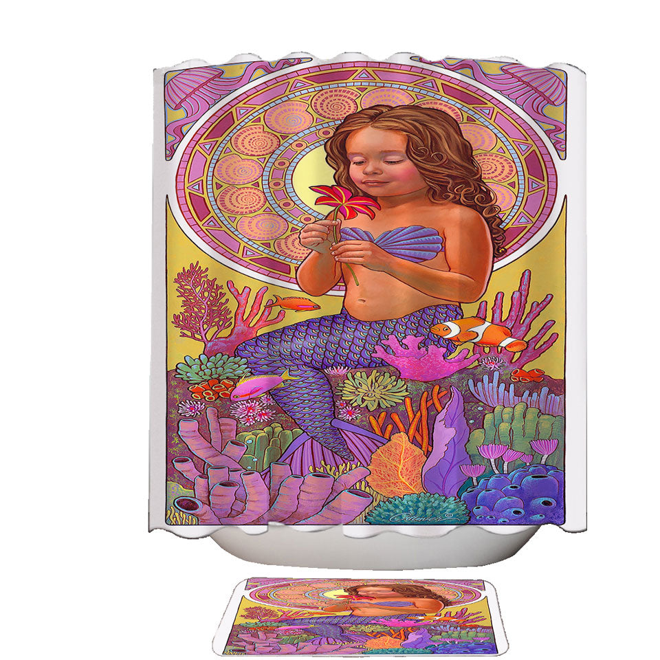 Colorful Coral and Mia the Girl Mermaid Shower Curtains and Bathroom Rugs