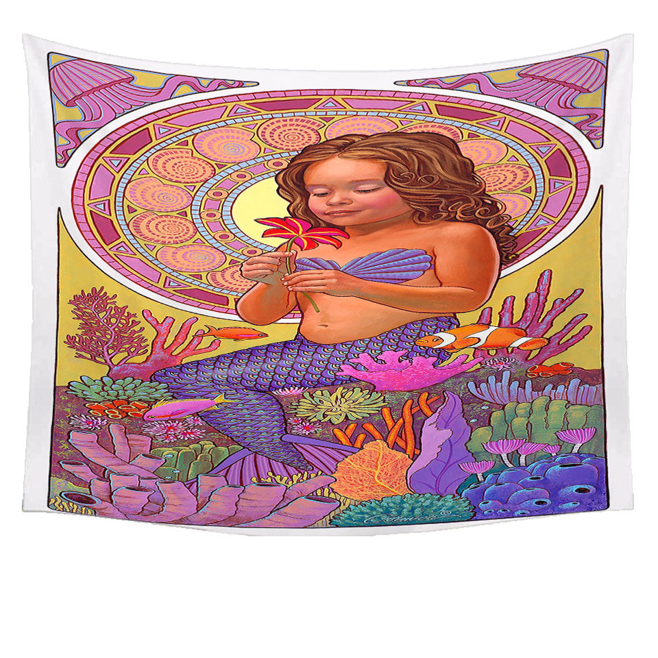 Colorful Coral and Mia the Girl Mermaid Wall Decor Tapestry