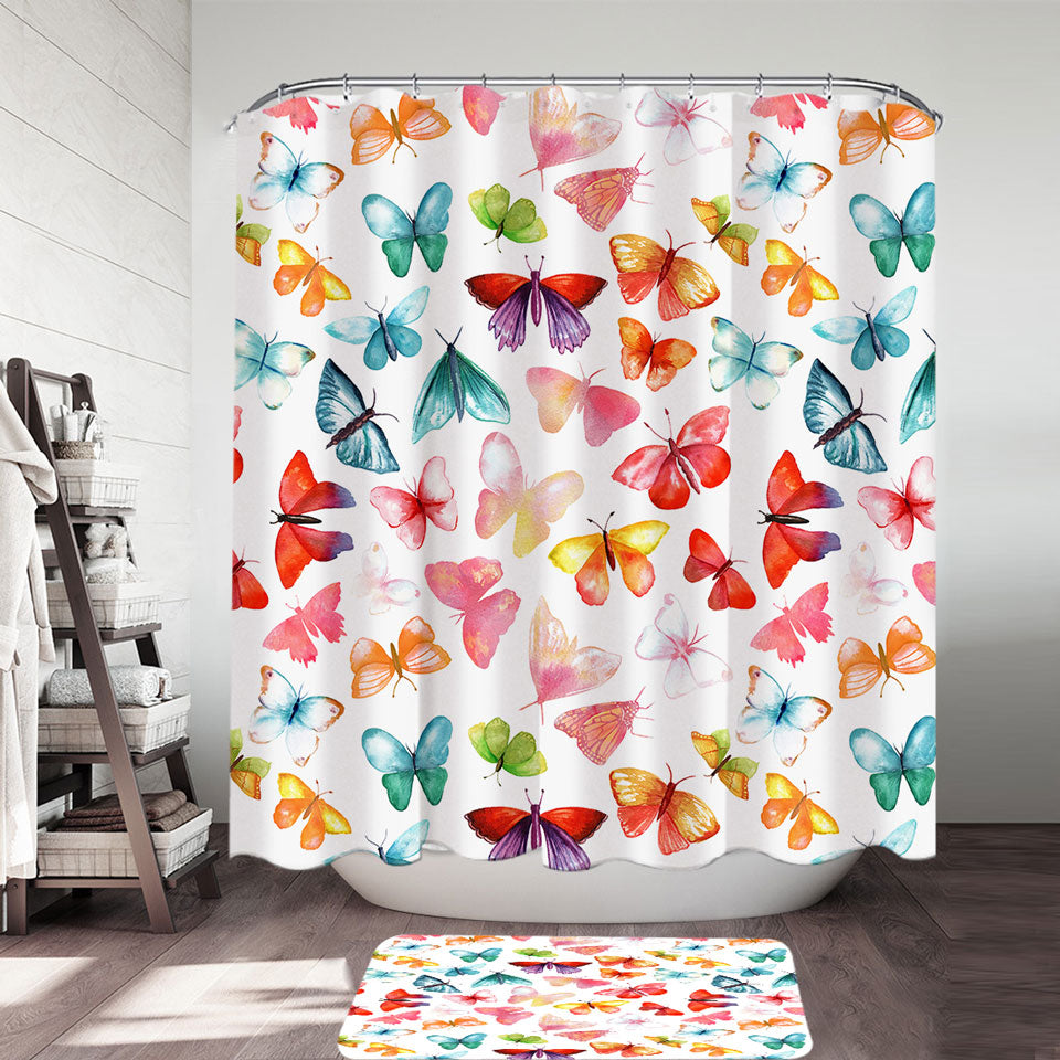 Colorful Decorative Shower Curtains Pastel Colors Butterflies Shower Curtain and Bathroom Rugs