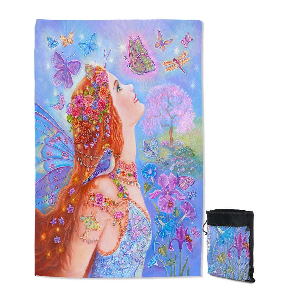 Colorful Fairy Art Butterflies and Flowers Quick Dry Beach Towel