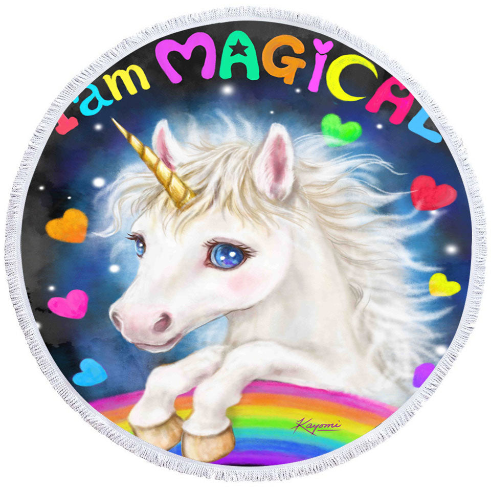 Colorful Fantasy I am Magical Unicorn Circle Beach Towel