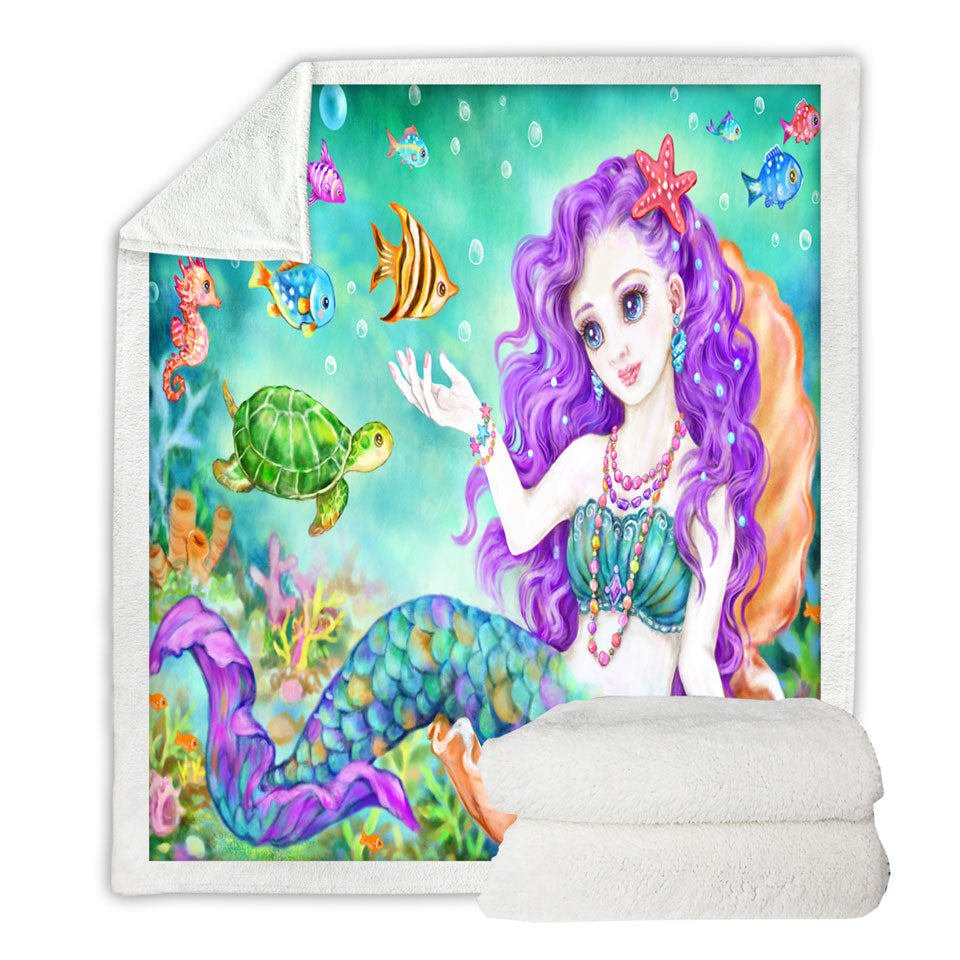 Colorful Fish Seahorse Turtle and Mermaid Blankets