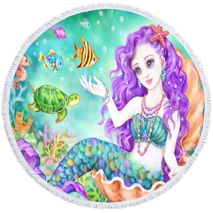 Colorful Fish Seahorse Turtle and Mermaid Circle Beach Towel