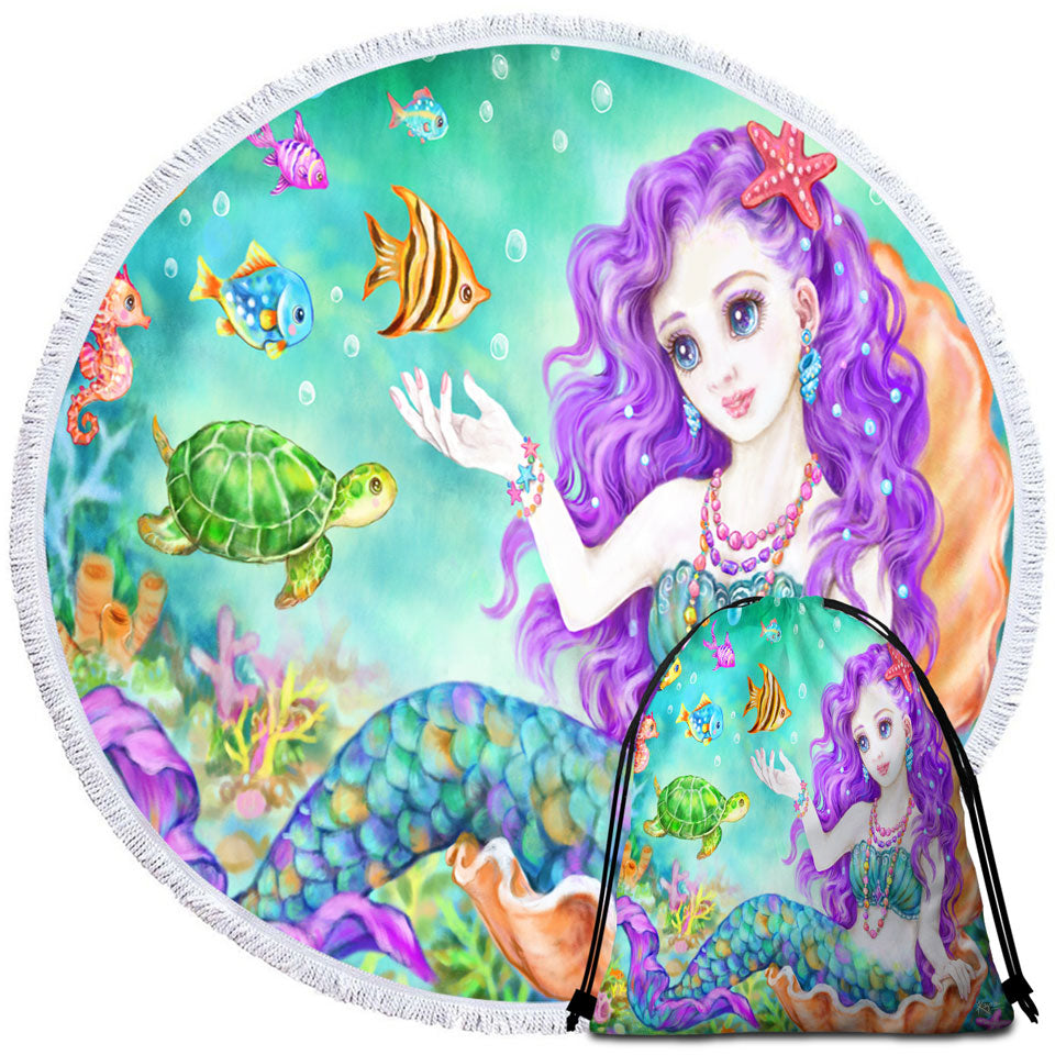 Colorful Fish Seahorse Turtle and Mermaid Round Beach Towel