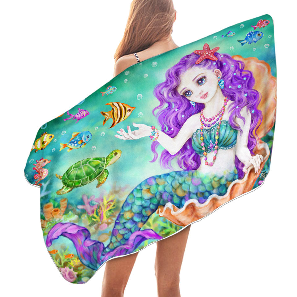 Colorful Fish Seahorse Turtle and Mermaid Swims Towel