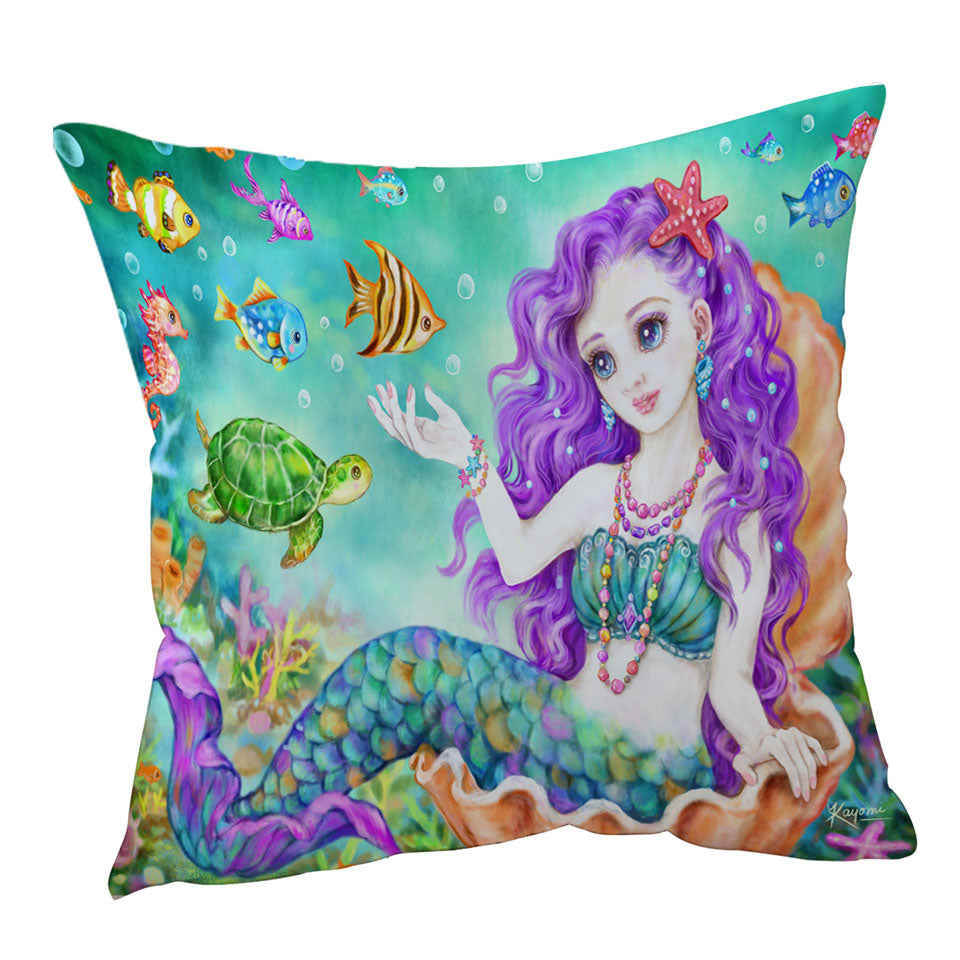 Colorful Fish Seahorse Turtle and Mermaid Throw Pillow