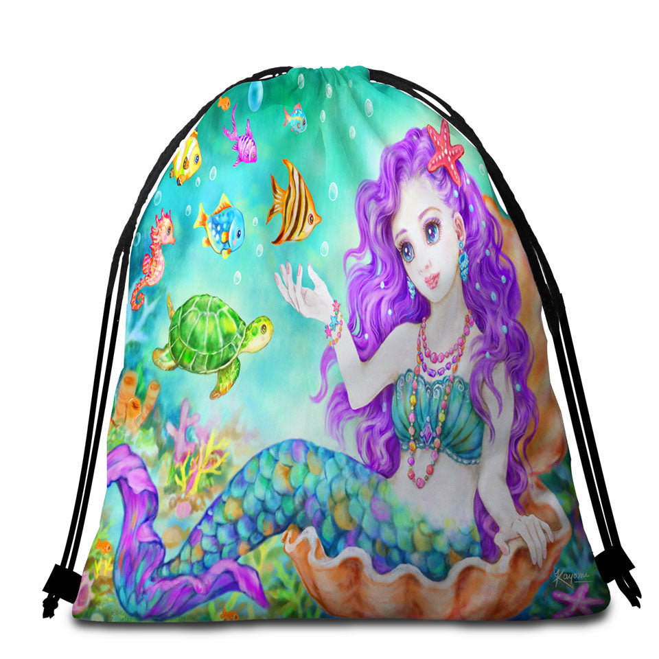 Colorful Fish Seahorse Turtle and Mermaid Unique Beach Towels