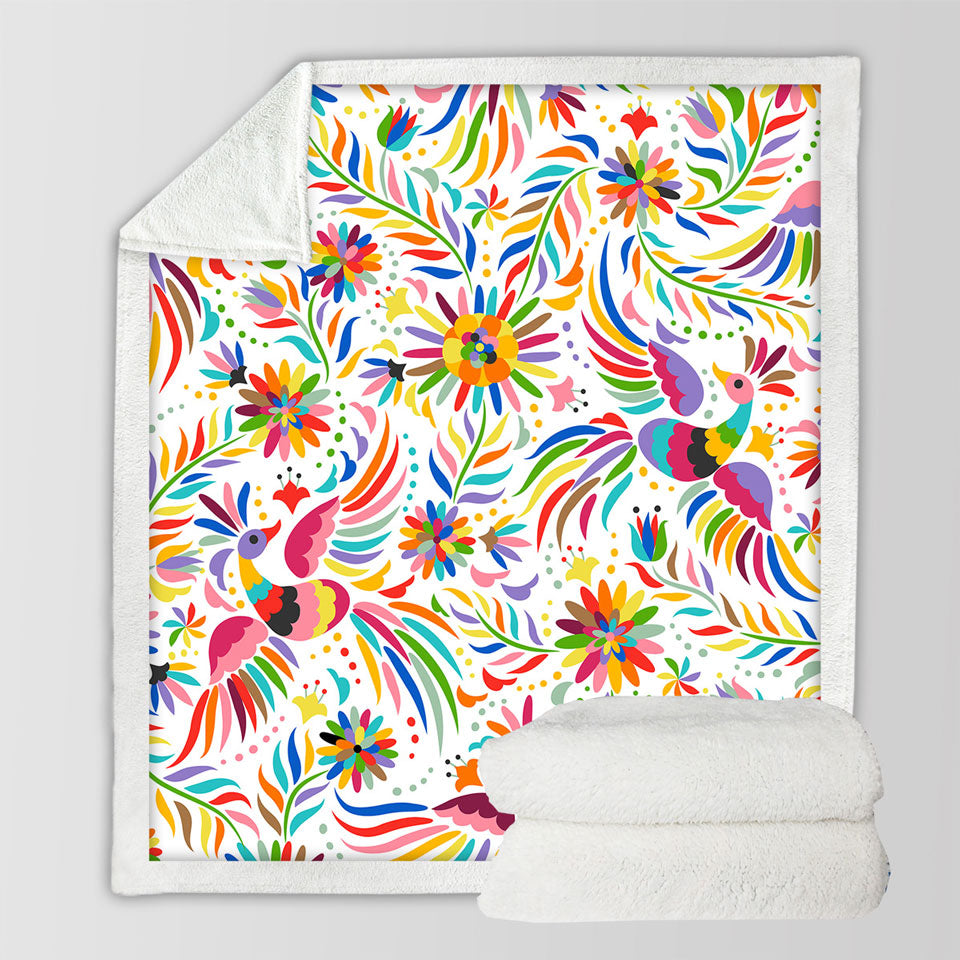 Colorful Fleece Blankets with Birds and Flower Drawing