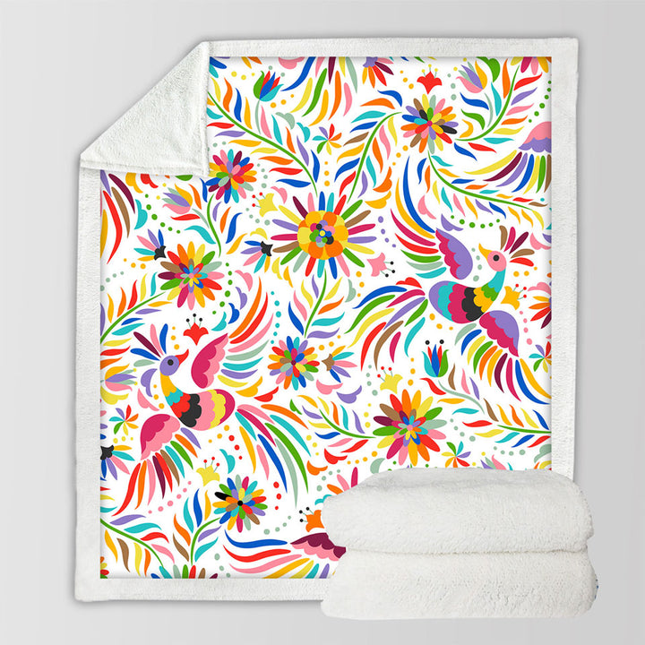 Colorful Fleece Blankets with Birds and Flower Drawing