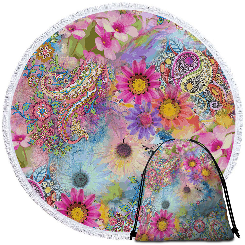 Colorful Floral Round Beach Towel