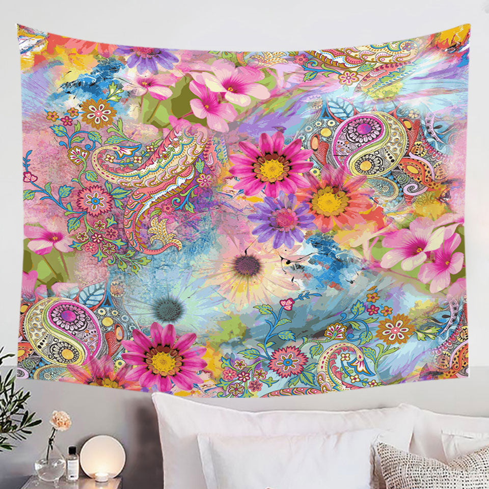Art Painting Wall Art of Flowers and Dragonflies Fabric Tapestry
