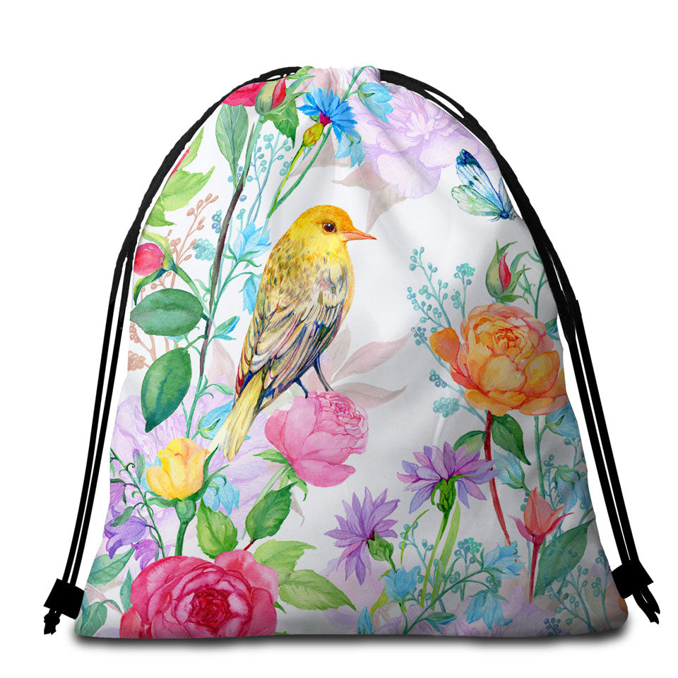 Colorful Flowers and Bird Beach Bags and Towels