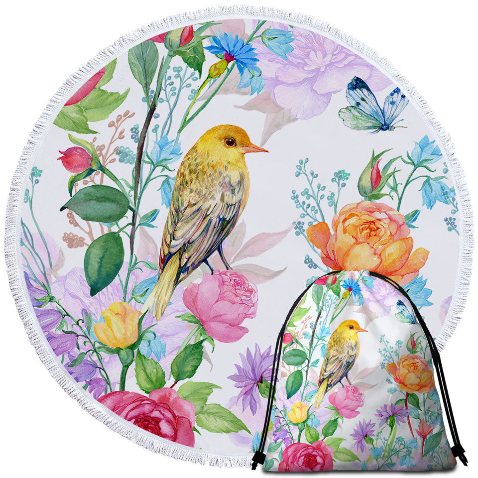 Colorful Flowers and Bird Beach Towels