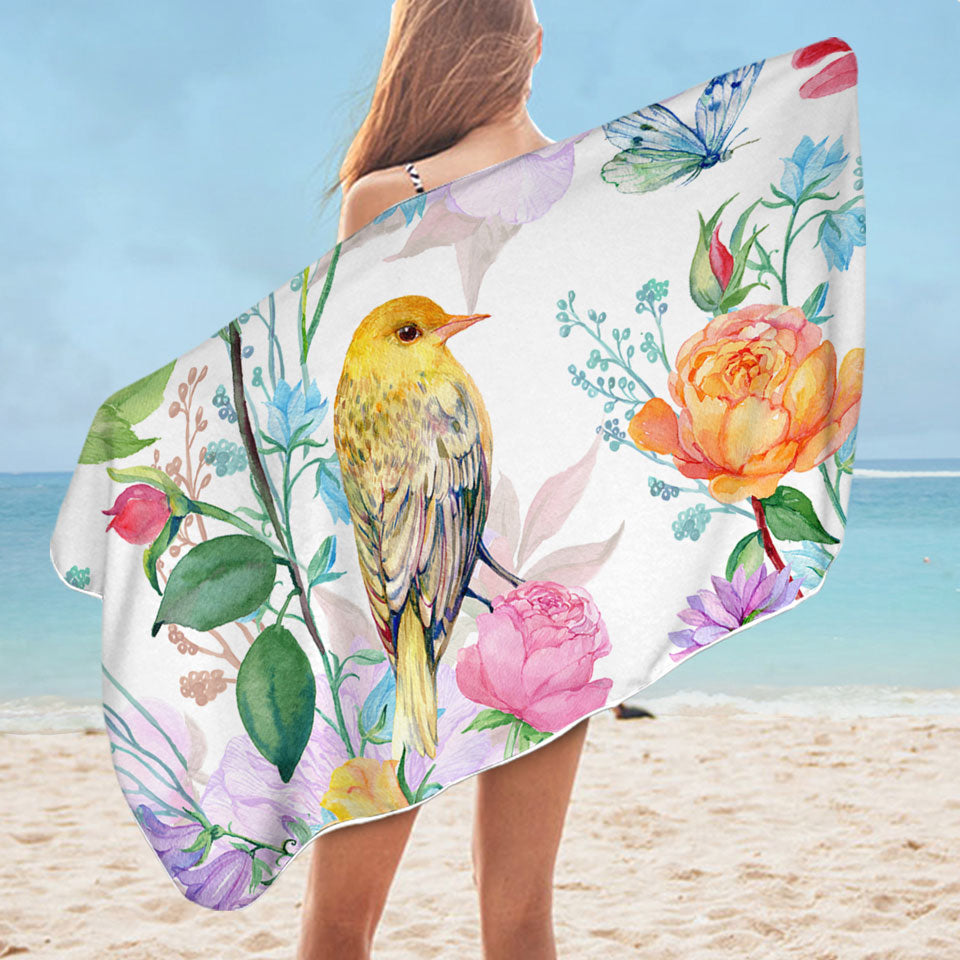 Colorful Flowers and Bird Beautiful Beach Towel