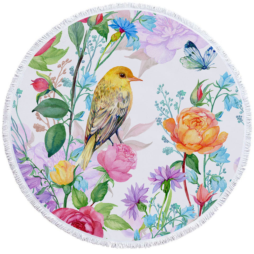 Colorful Flowers and Bird Circle Beach Towel