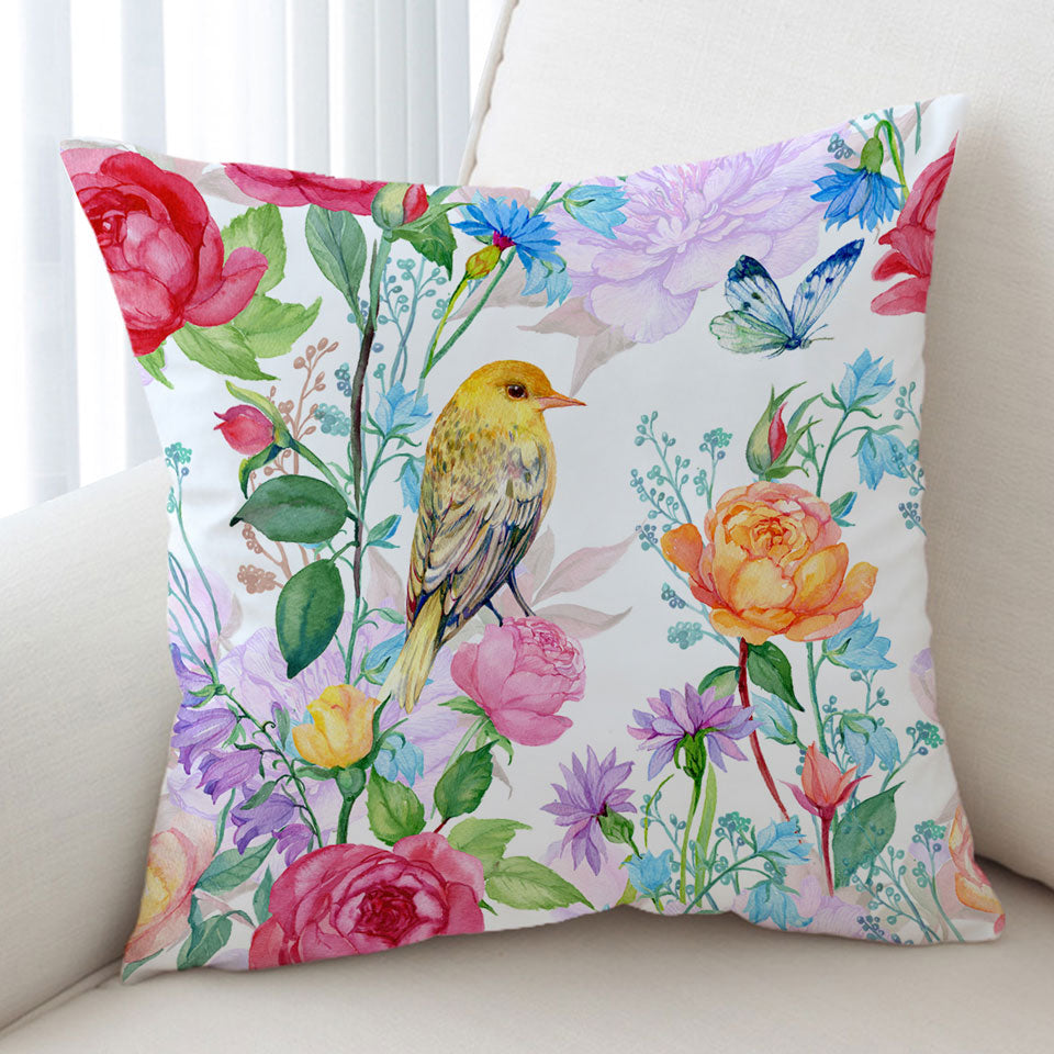 Colorful Flowers and Bird Cushion